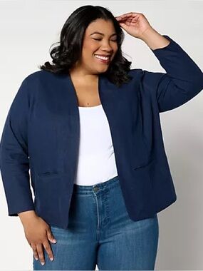 Studio Park X Amy Stran Women XS Navy Blue Linen Blend Open Front Blazer NWOT